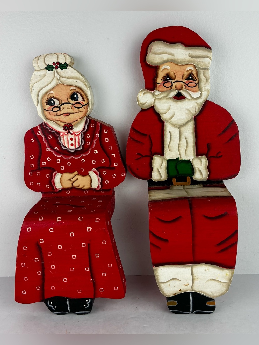 Hand Crafted Wooden Shelf Sitters Santa & Mrs. Claus Christmas Figures - Cute!